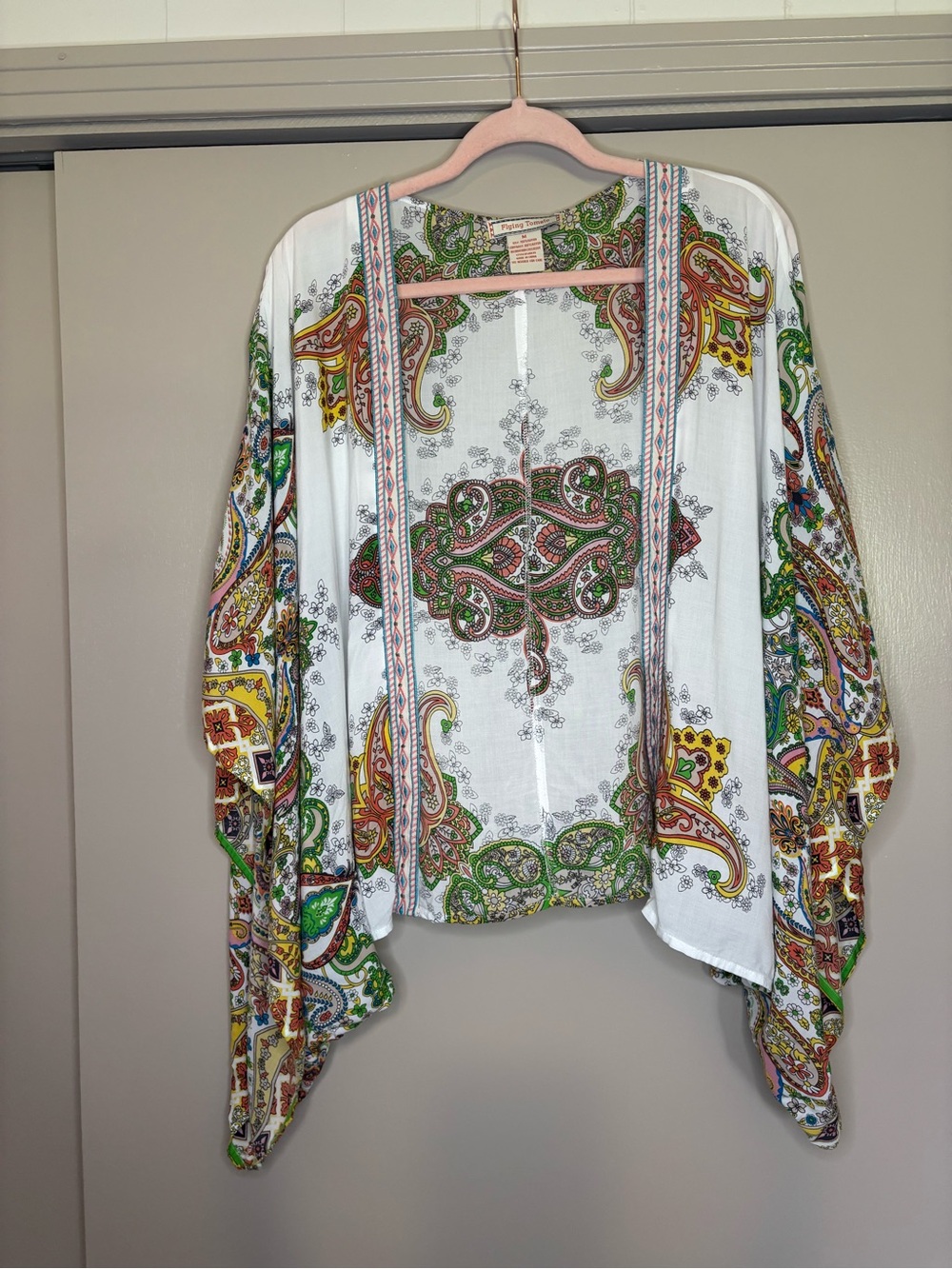 Flying Tomato White Boho Kimono with Green & Yellow Paisley